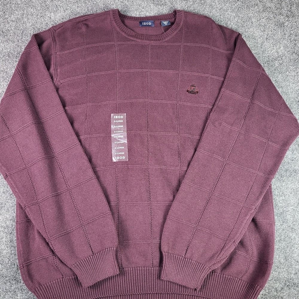 IZOD Mens XL Burgundy Textured Grid Crewneck Cotton Sweater New With Tags